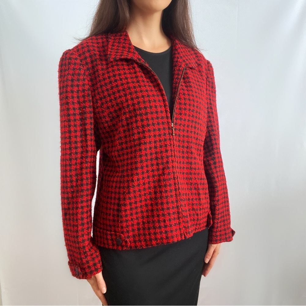 Vintage 80s red black houndstooth blazer jacket Modiano moto